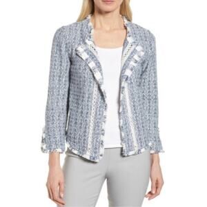 NIC+ZOE Voyage Textured Fringe Tweed Jacket Business Career Blue Size 2P Office